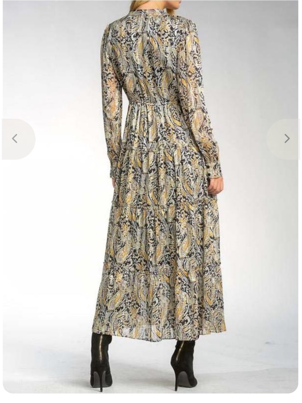 Elan Long Sleeve Paisley Tiered‎ Maxi Dress in Yellow and Black. Size S